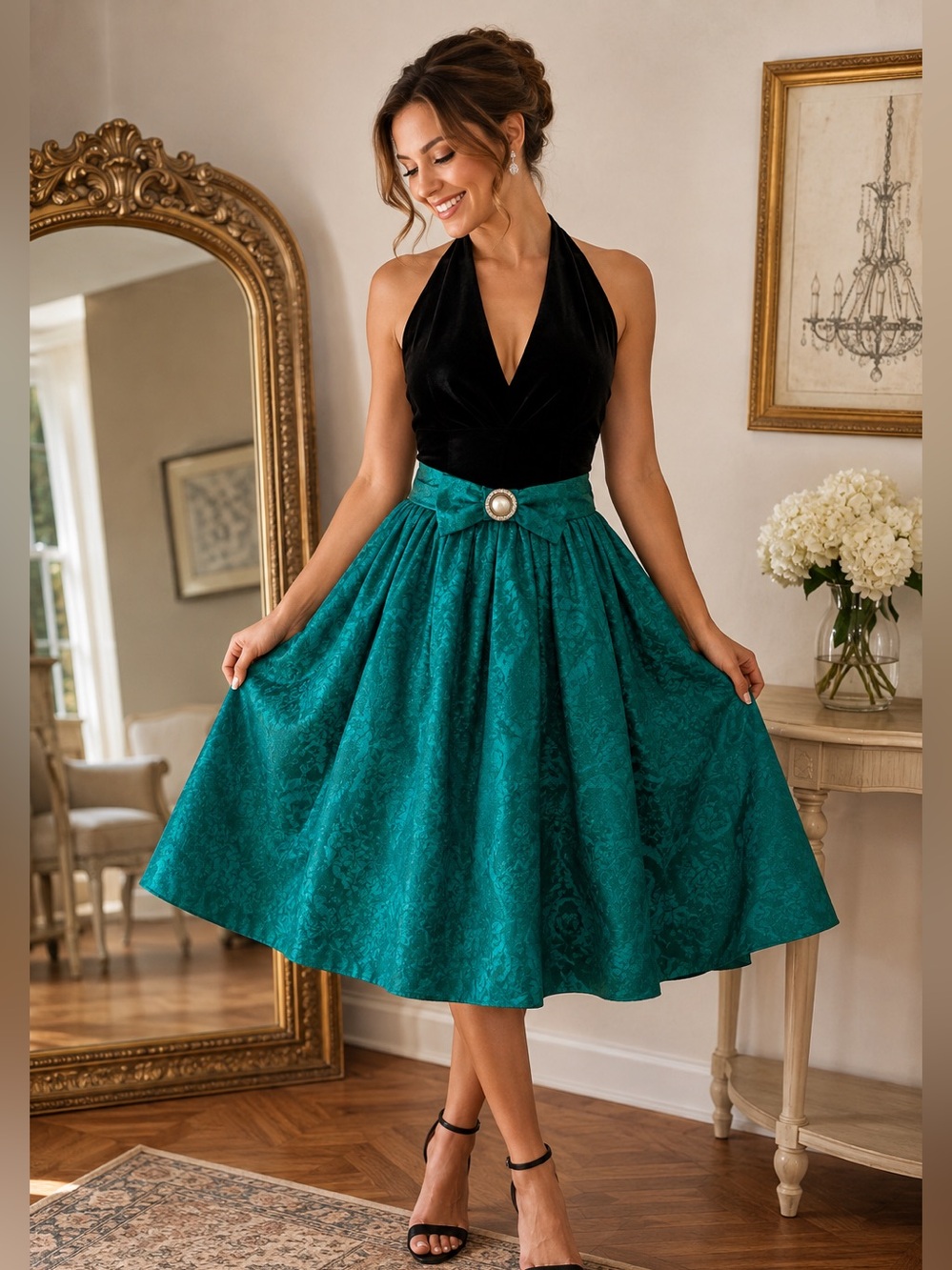 VTG Jessica McClintock Gunne Sax Black Velvet & Jade Green Brocade Dress 5/6